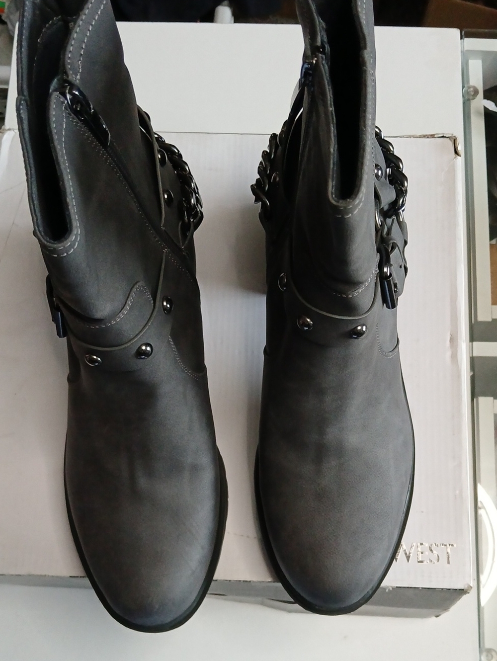 Nine West Gray Chain-Embellished Ankle Boots